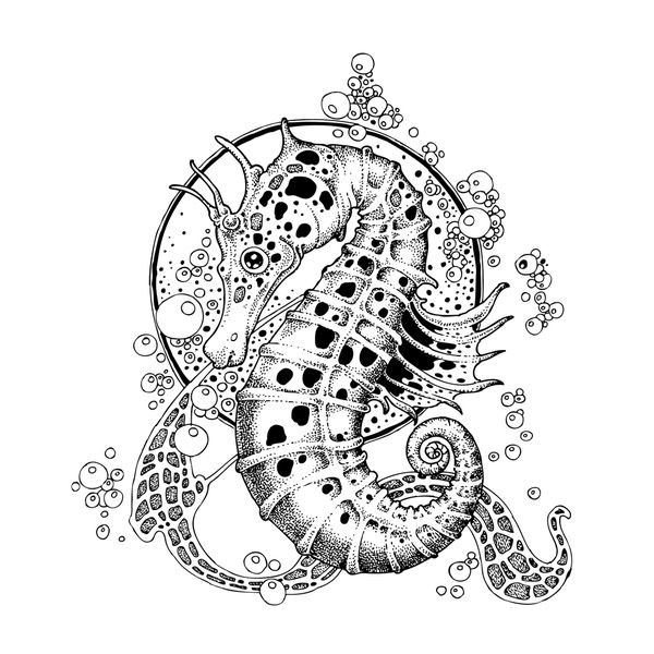 Dorwork seahorse in black spots on bubbled background tattoo design