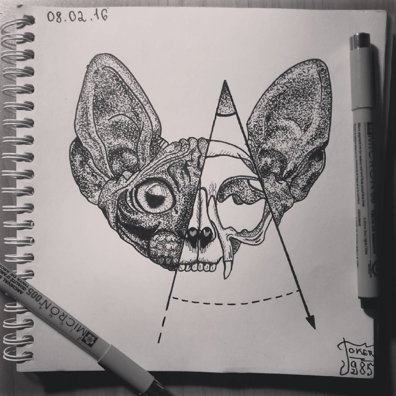 Dotwork-style animal head with compasses tattoo design