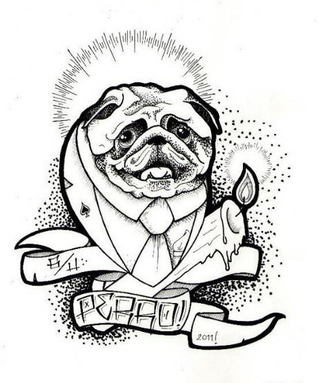Dotwork-style bulldog in suit with candle and banner tattoo design