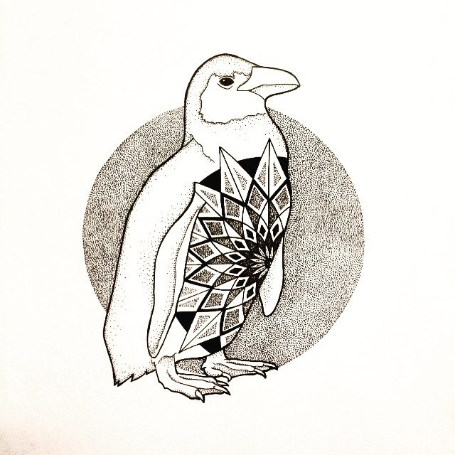 Dotwork-style penguin with mandala deoration on belly tattoo design