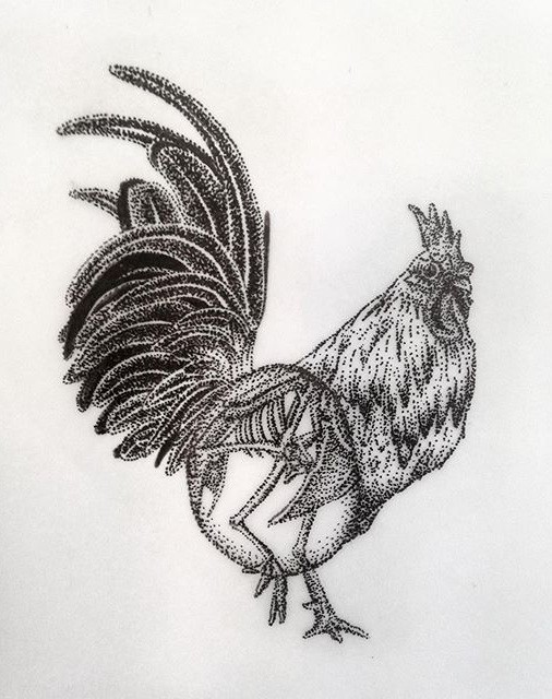 Dotwork-style rooster with skeleton part tattoo design
