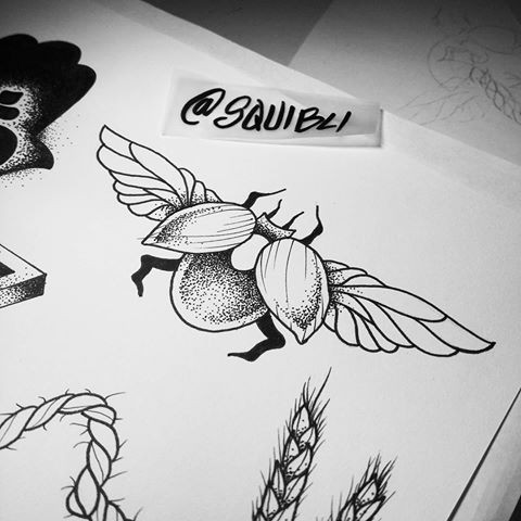 Dotwork-testa bug with open wings tattoo design