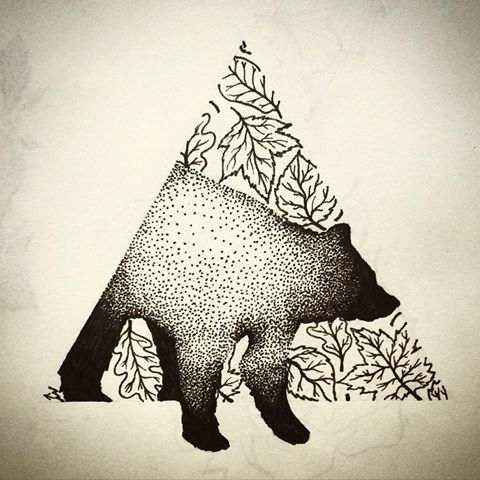 Dotwork bear silhouette on leaved triangle background tattoo design