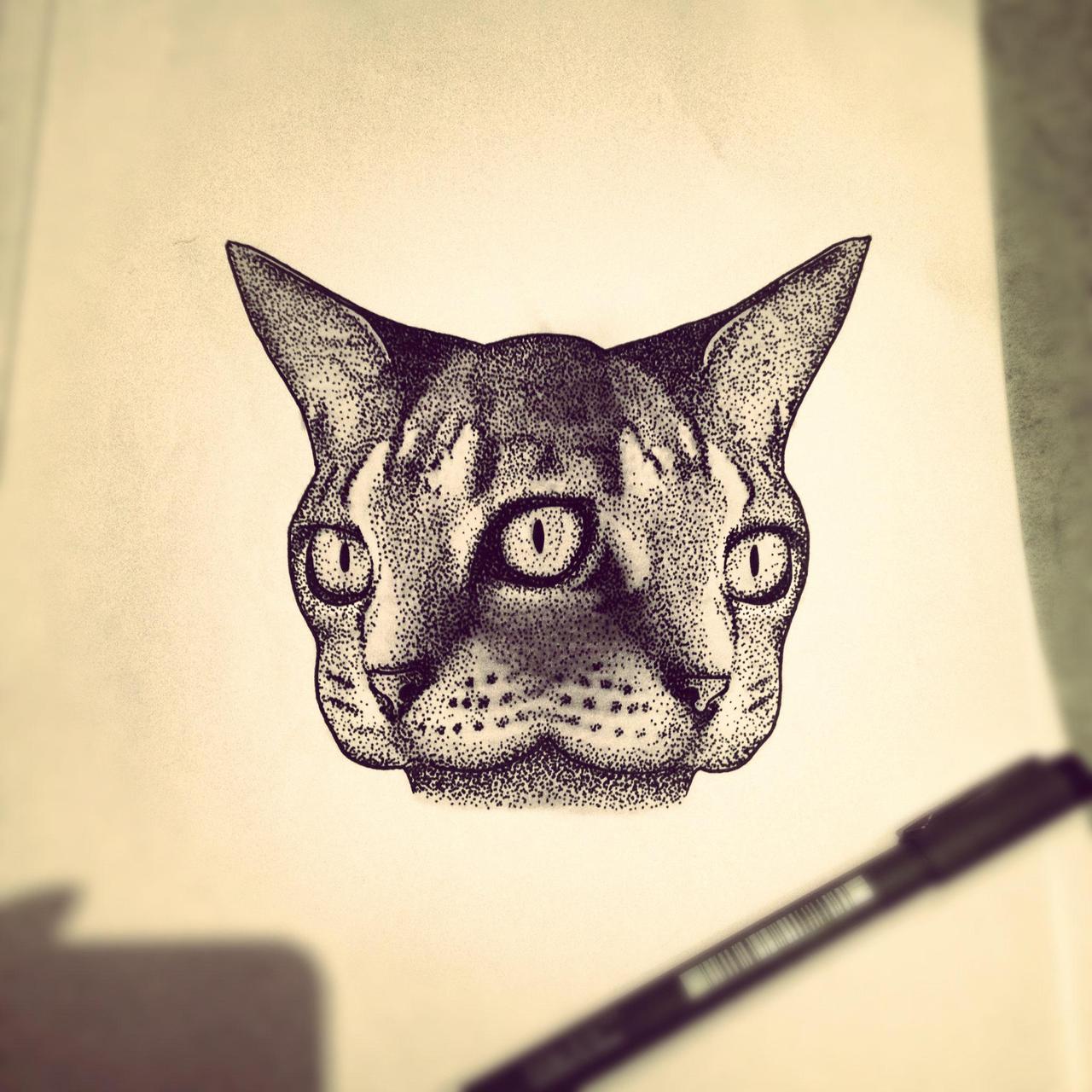 Dotwork bifurcated cat face tattoo design