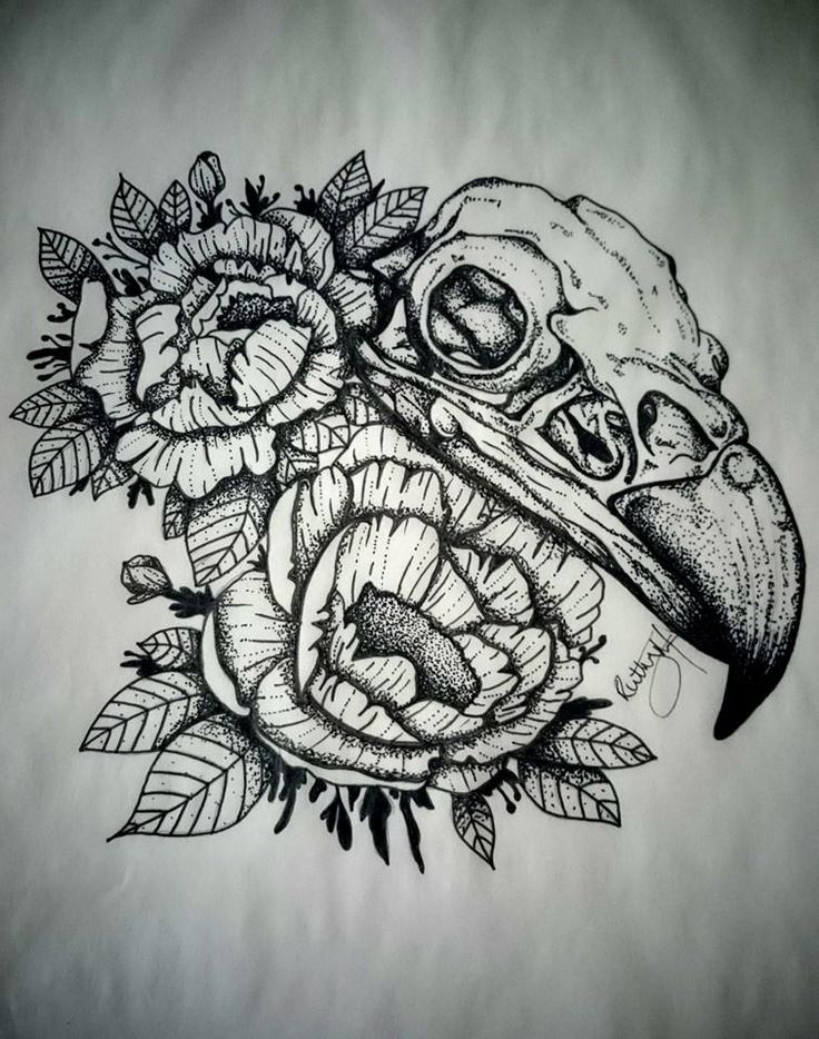Dotwork bird skull and peony flowers tattoo design