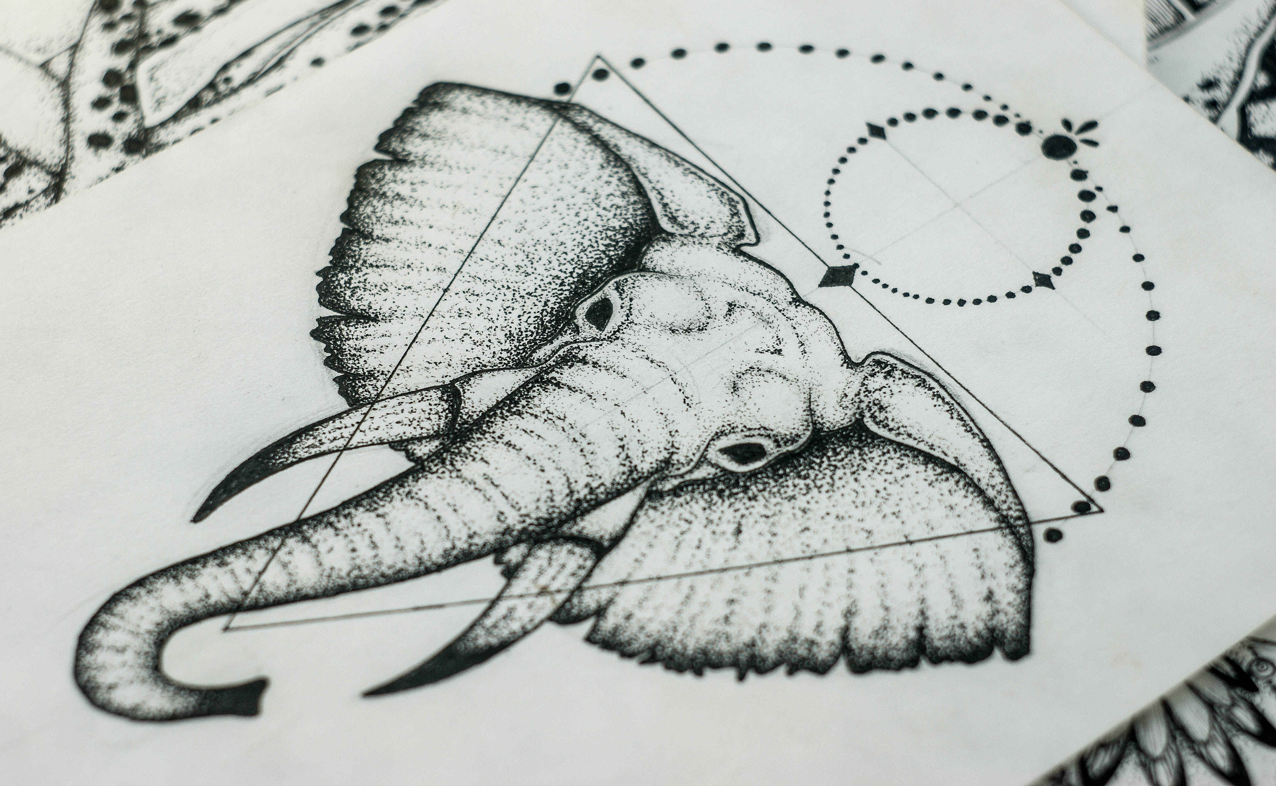 Dotwork black-eyed elephant with geometric drawings tattoo design by Askaraya