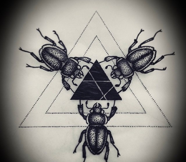 Dotwork bug trio on triangles background tattoo design