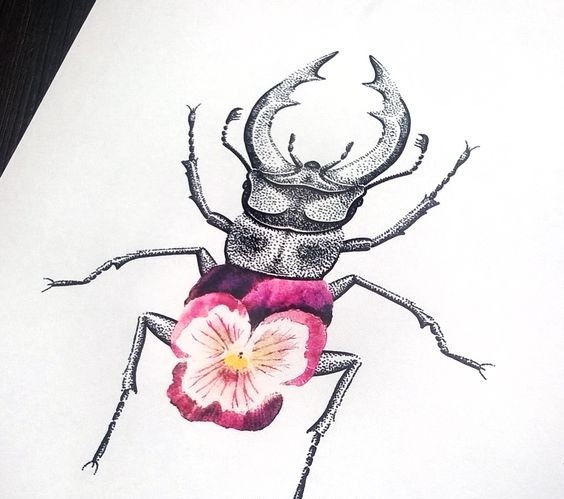 Dotwork bug woth pink orchid print tattoo design