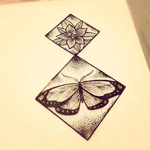 Dotwork butterfly and flower in rhombus frames tattoo design