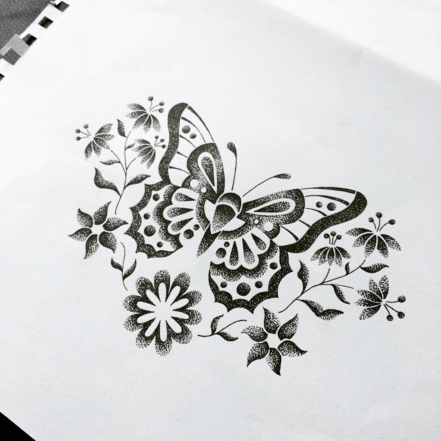 Dotwork butterfly surrounded with cute flowers tattoo design