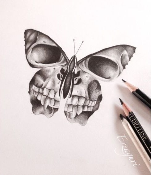 Dotwork butterfly with skull pattern tattoo design
