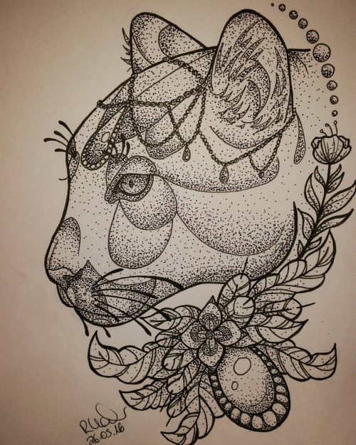 Dotwork cat head in profile with gem and herbal decorations tattoo design