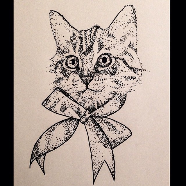 Dotwork cat portrait with bow decoration tattoo design