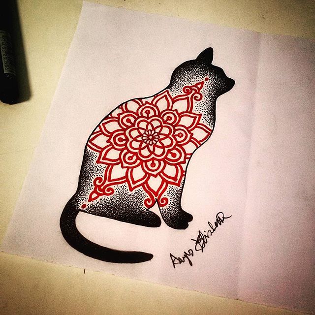 Dotwork cat silhouette with red mandala pattern tattoo design