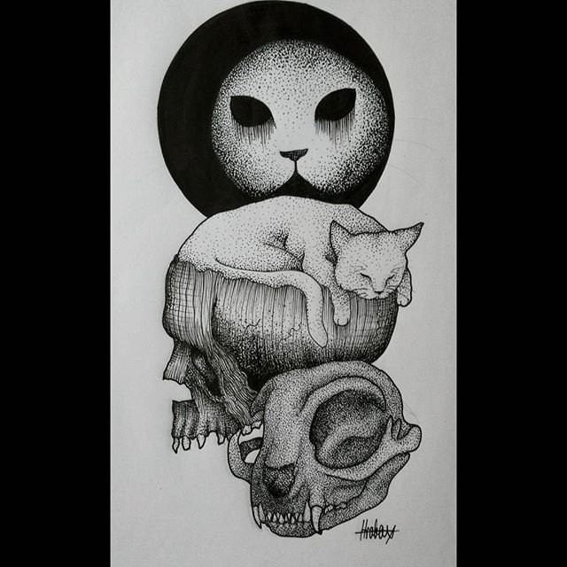 Dotwork cat sleeping on skulls and blak cat-face moon tattoo design