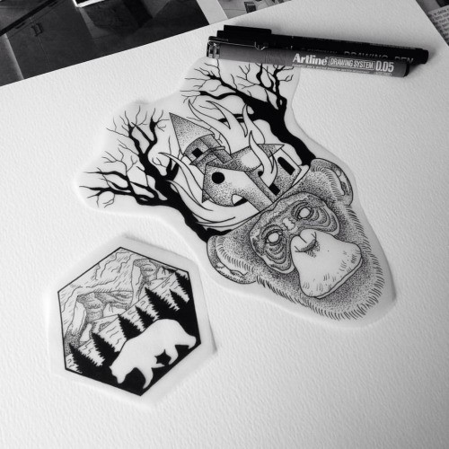 Dotwork chimpanzee head with castle and trees on top tattoo design