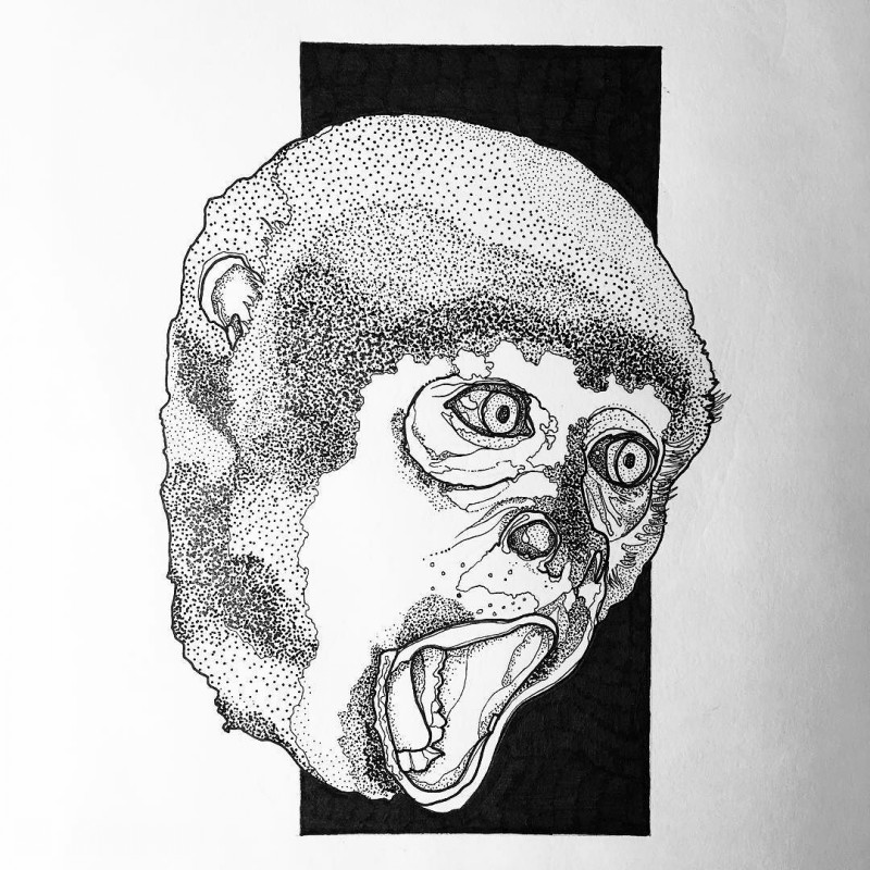 Dotwork crying monkey head on black background tattoo design