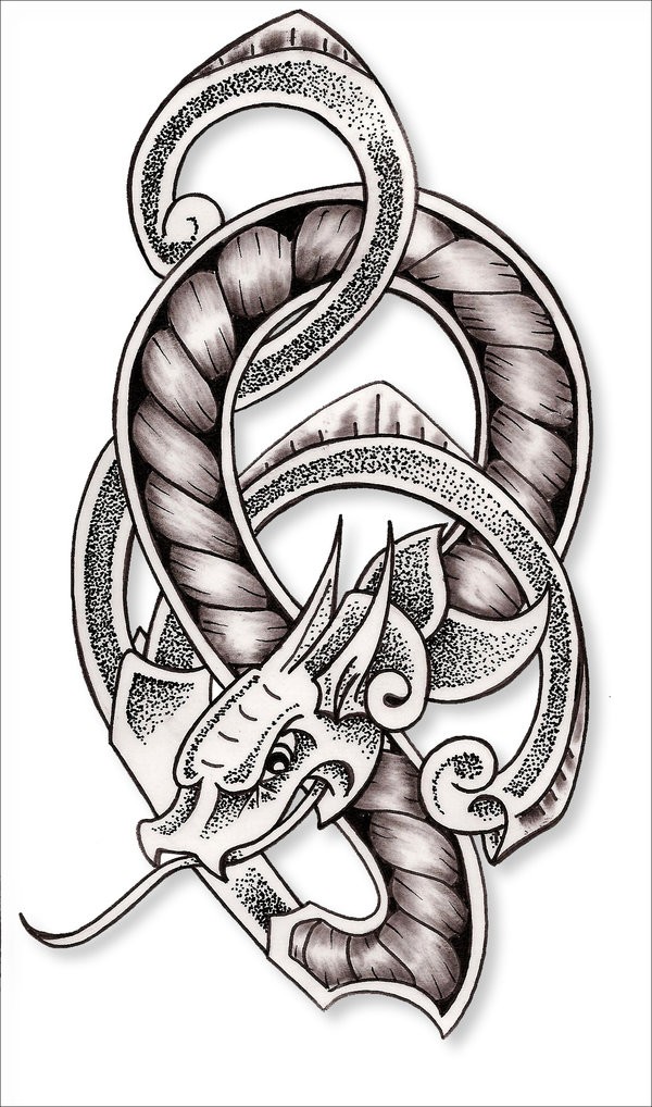 Dotwork curled dragon with rope element tattoo design