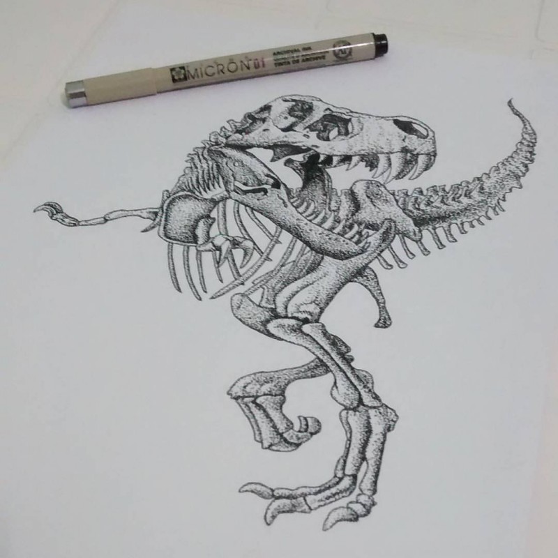 Dotwork dancing dinosaur skeleton tattoo design