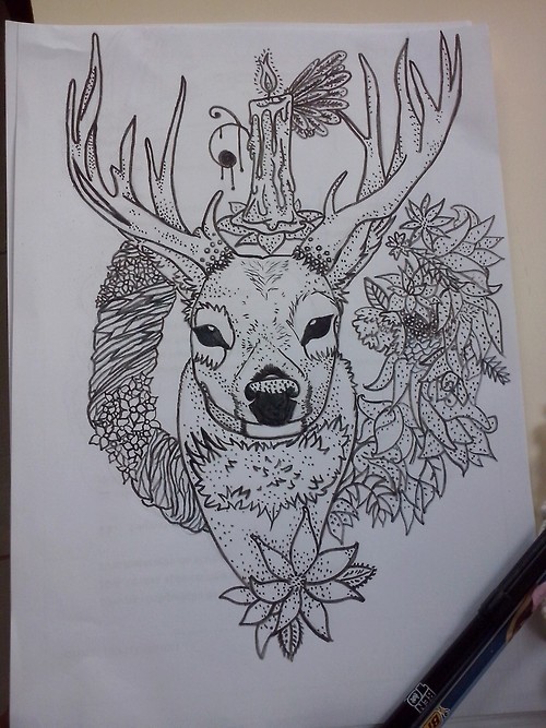 Dotwork deer with candle and floral decorations tattoo design by Vica2010