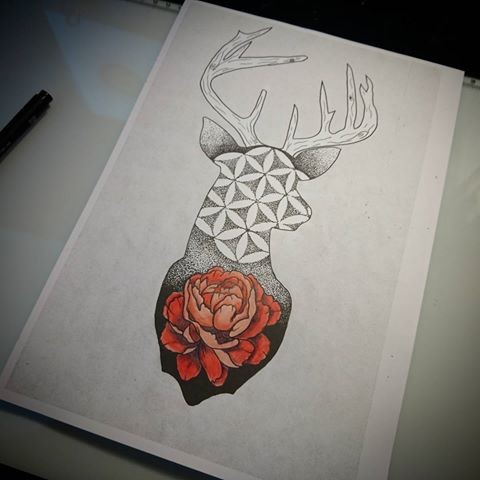 Dotwork deer with flower of life pattern and red peony flower tattoo design