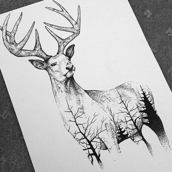 Dotwork deer with forest print looking forward tattoo design