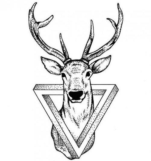 Dotwork deer with treangle on neck tattoo design