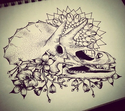 Dotwork dinosaur skull with flowers and mandala tattoo design