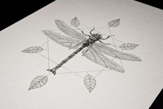 Dotwork dragonfly on geometric drawings decorated with leaves tattoo design