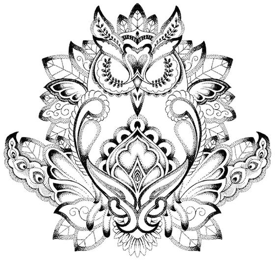 Dotwork empty-eyed owl with flower decoration tattoo design