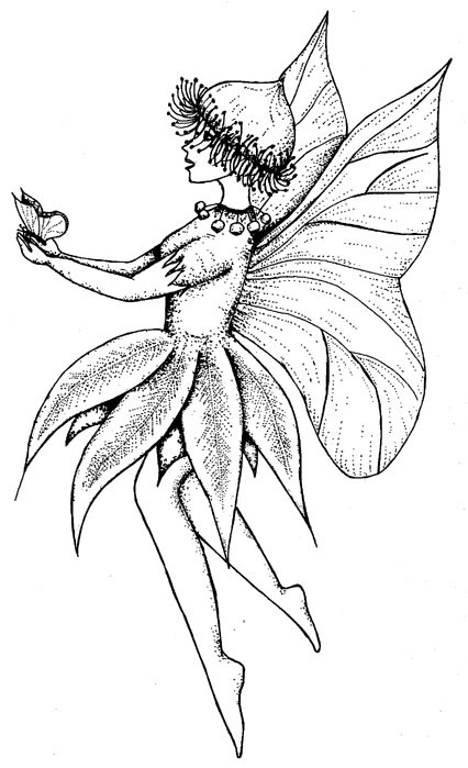 Dotwork fairy keeping a butterfly in hands tattoo design