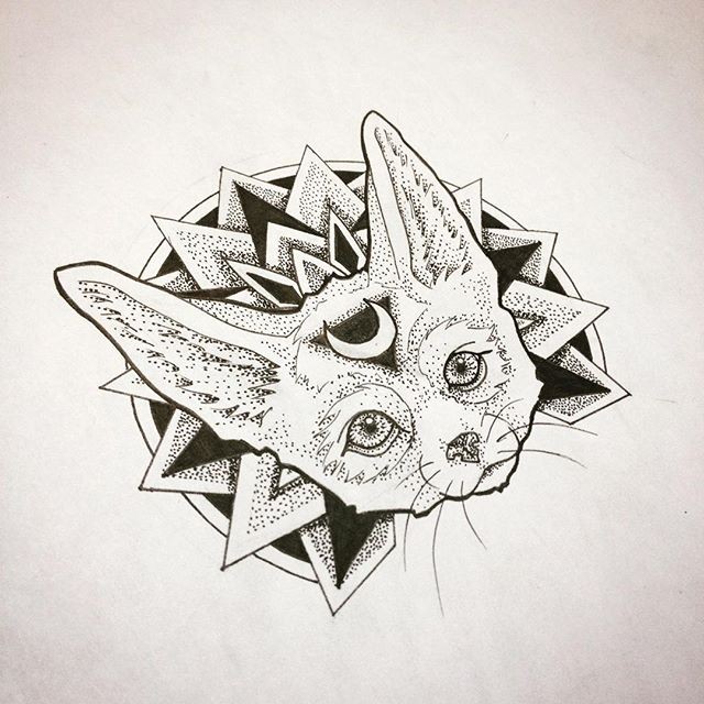 Dotwork fennec fox head on mandala background tattoo design
