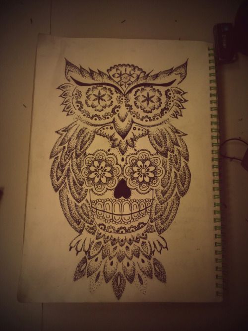 Dotwork floral-eyed owl with sugar skull tattoo design