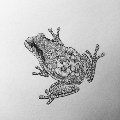 Dotwork flower-patterned frog tattoo design