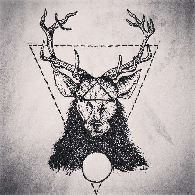 Dotwork fluffy deer in dashed triangle frame tattoo design