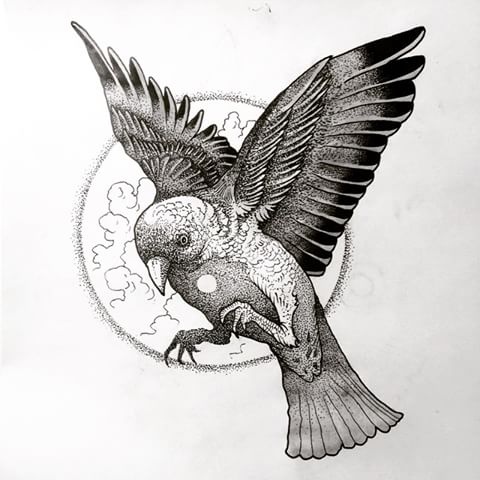 Dotwork flying bird on cloudy-patterned sun bakground tattoo design