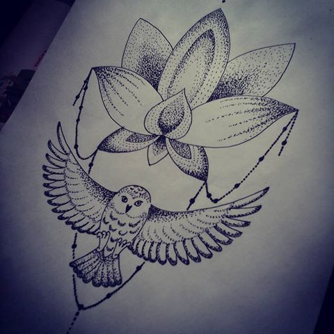 Dotwork flying owl and lotus flower tattoo design