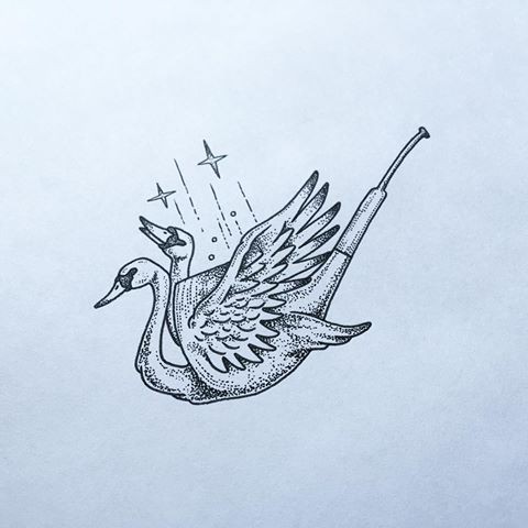Dotwork flying swan couple with strange tails tattoo design