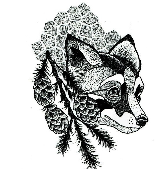 Dotwork fox head with cones and geometric ornament tattoo design