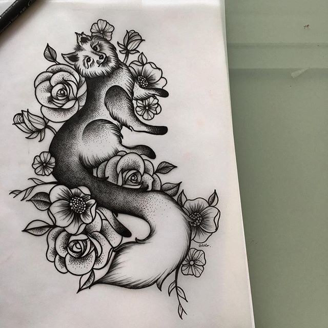 Dotwork fox with a lot of flowers tattoo design