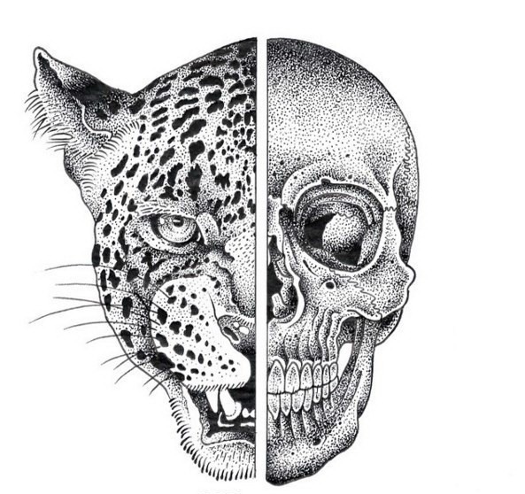 Dotwork hald skull half-leopard tattoo design - Tattooimages.biz