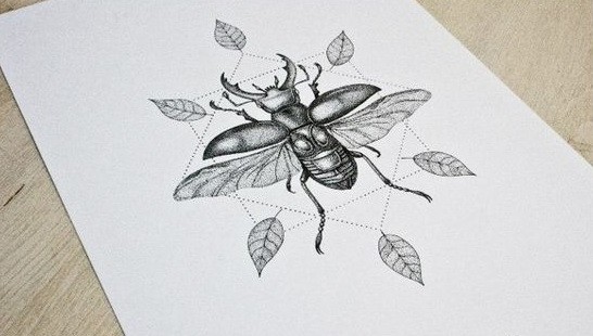 Dotwork horned bug in geometric fram with leaves tattoo design