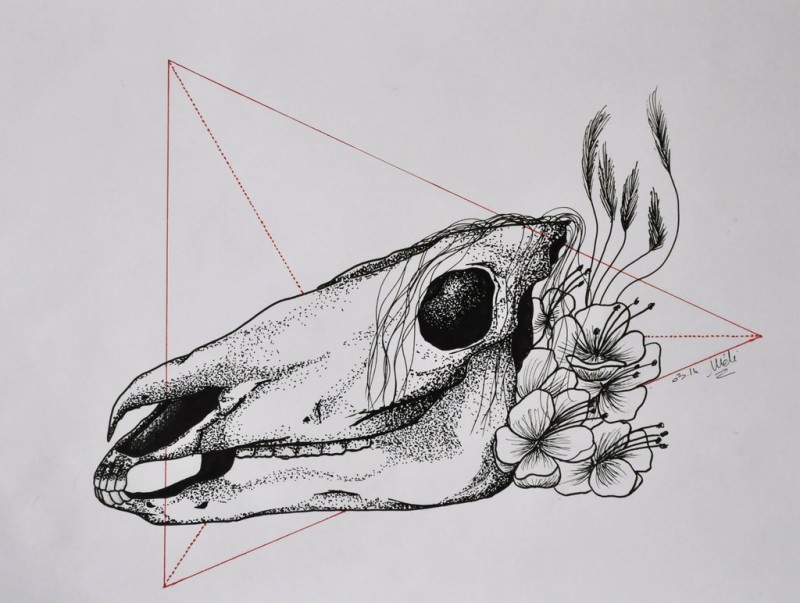 Dotwork horse skull with flower and red geometric drawings tattoo design by My Sweet Darkness