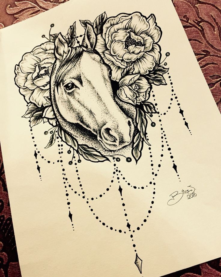 Dotwork horse with peony flowers and lace decoration tattoo design