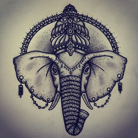 Dotwork indian elephant with a nimbus tattoo design