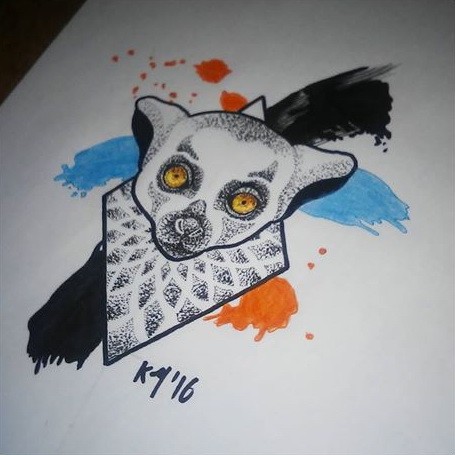 Dotwork lemur head and mandala printed rhombus on colorful brushstrokes background tattoo design