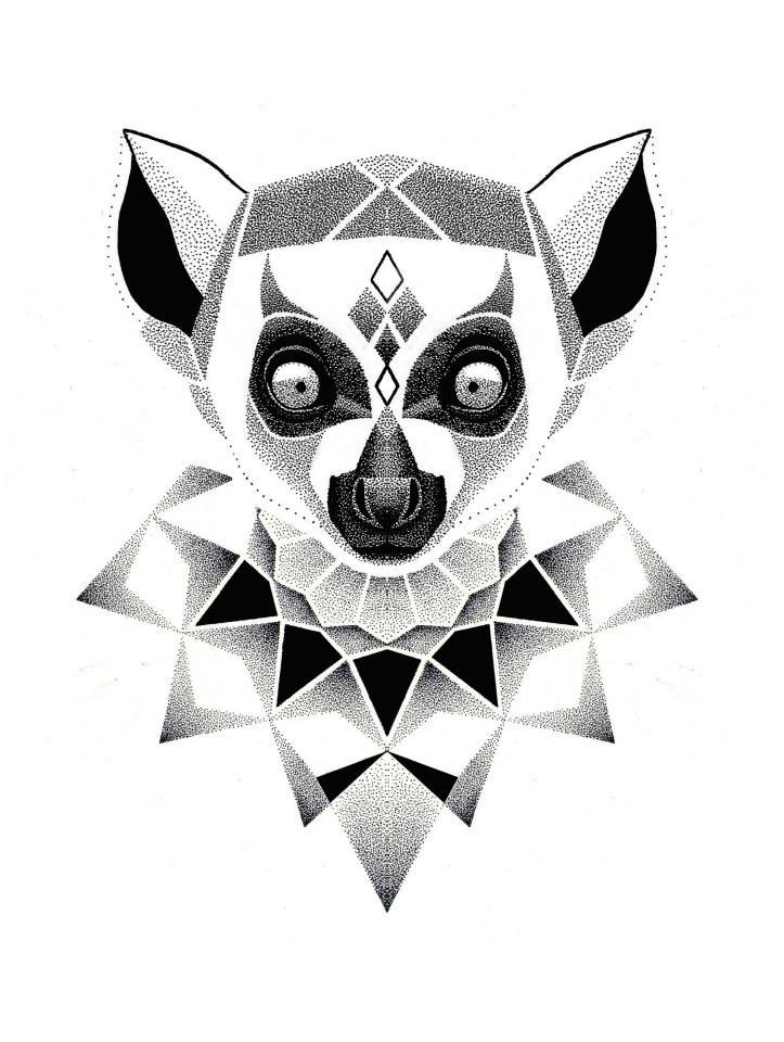 Dotwork lemur head with mandala element tattoo design