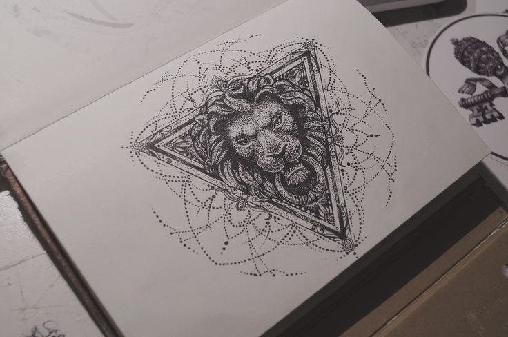 Dotwork lion keeping a ring in triangle frame tattoo design