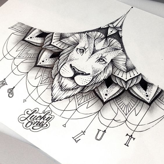 Dotwork lion on lace mandala background tattoo design