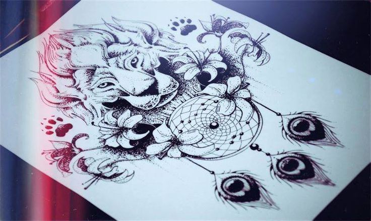 Dotwork lion with dream catcher and lily flowers tattoo design